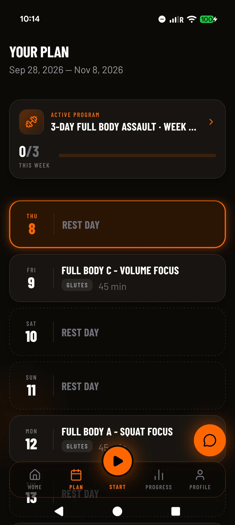 Forge workout plan with scheduled training days and rest days
