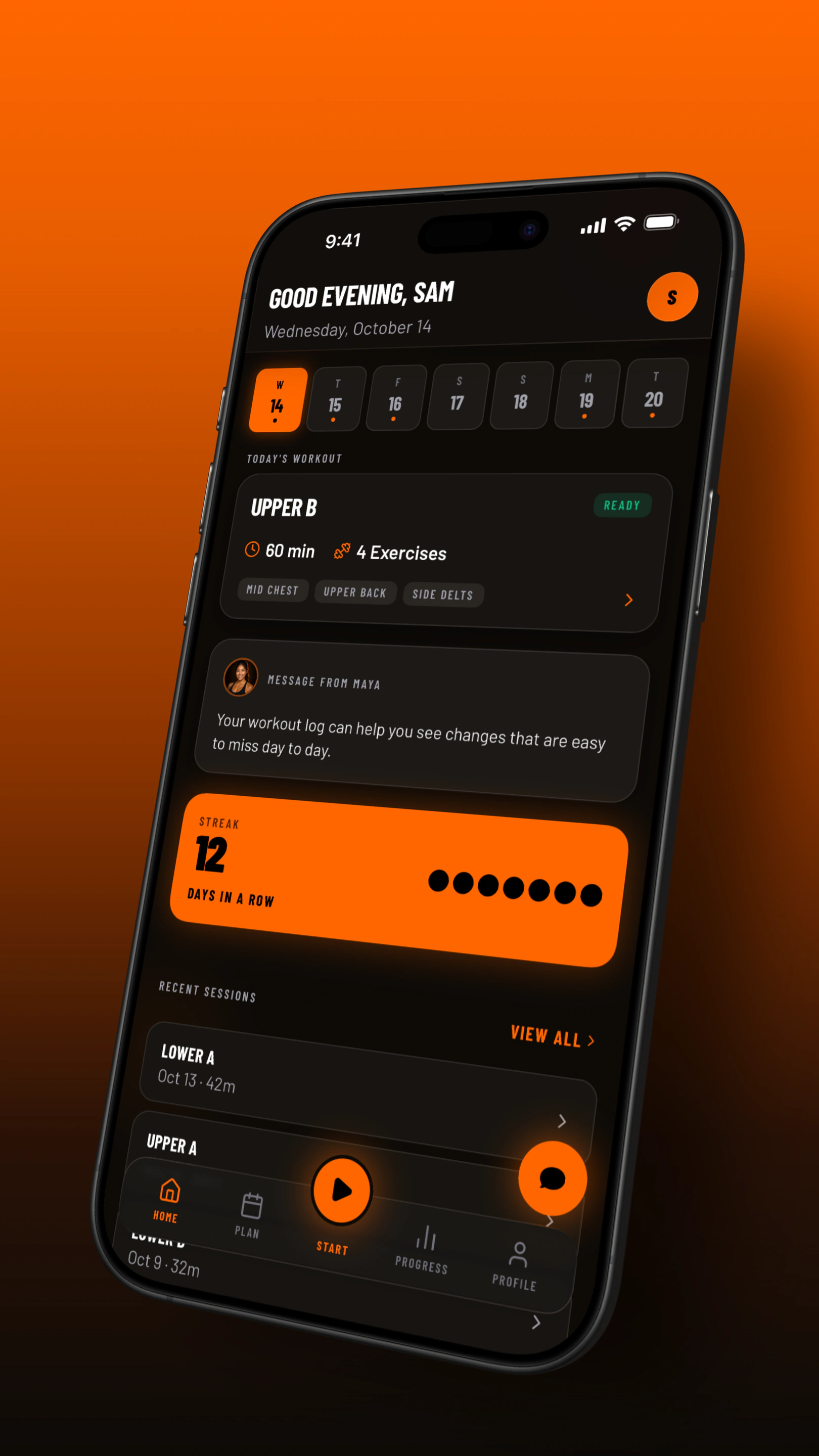 Forge Home on iPhone, showing today's workout and a message from your coach