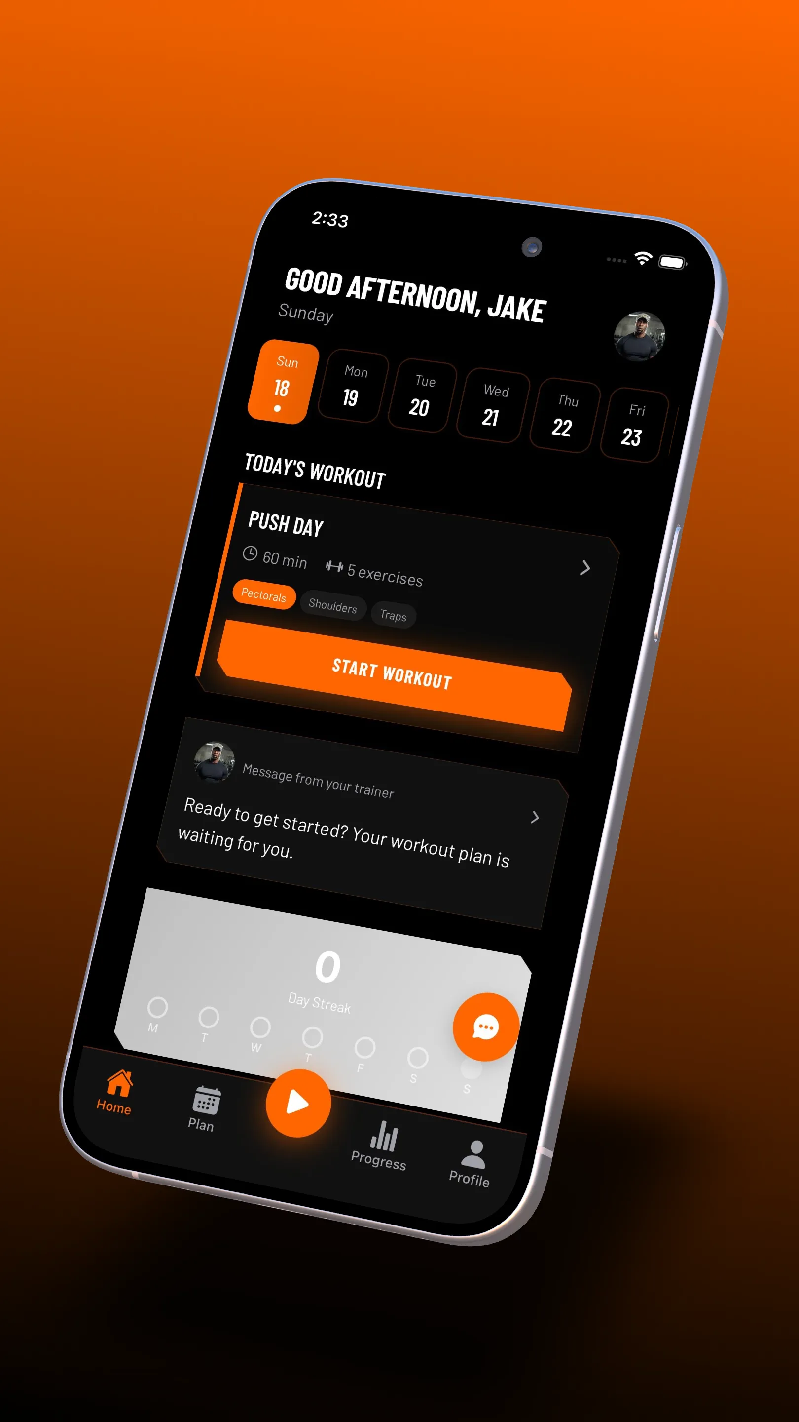 Forge App interface showing personalized AI fitness trainer with custom workout plans, progress tracking, and real-time guidance